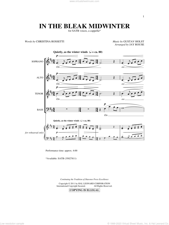 In The Bleak Midwinter (arr. John Leavitt) sheet music for choir (SATB: soprano, alto, tenor, bass) by Gustav Holst, Christina Rossetti and Jay Rouse, intermediate skill level