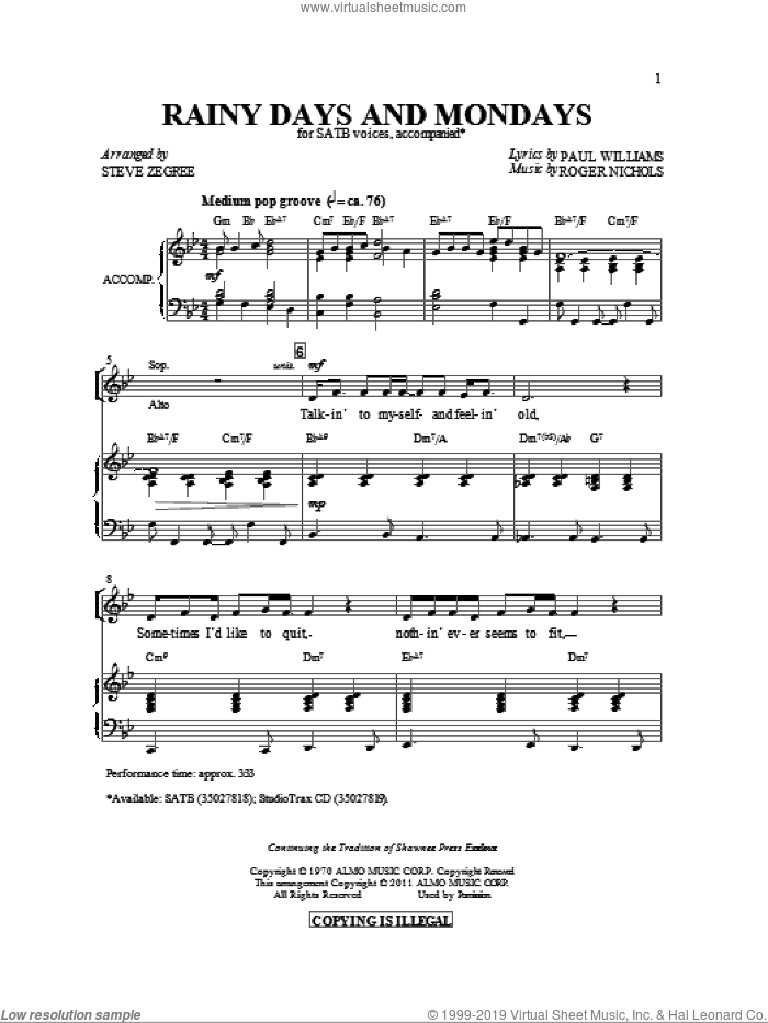 Rainy Days And Mondays sheet music for choir (SATB: soprano, alto, tenor, bass) by Paul Williams, Roger Nichols, Carpenters and Steve Zegree, intermediate skill level