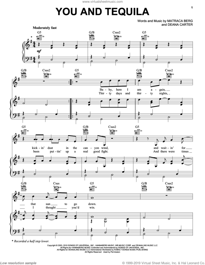 You And Tequila sheet music for voice, piano or guitar by Kenny Chesney, Deana Carter and Matraca Berg, intermediate skill level