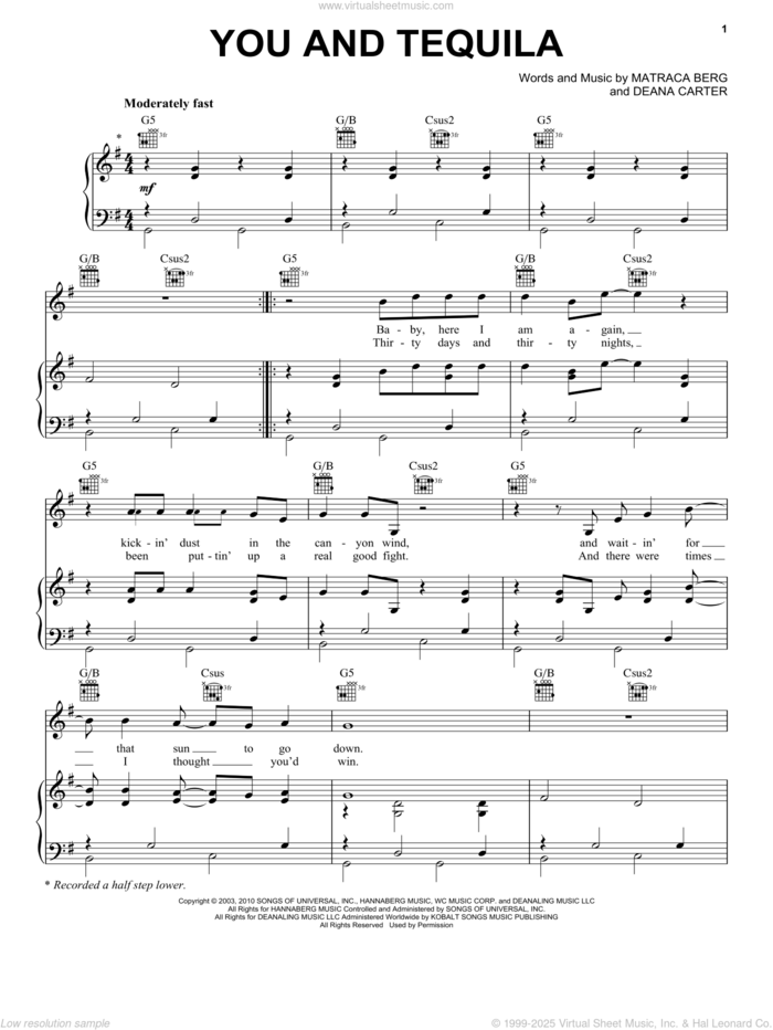 You And Tequila sheet music for voice, piano or guitar by Kenny Chesney, Deana Carter and Matraca Berg, intermediate skill level