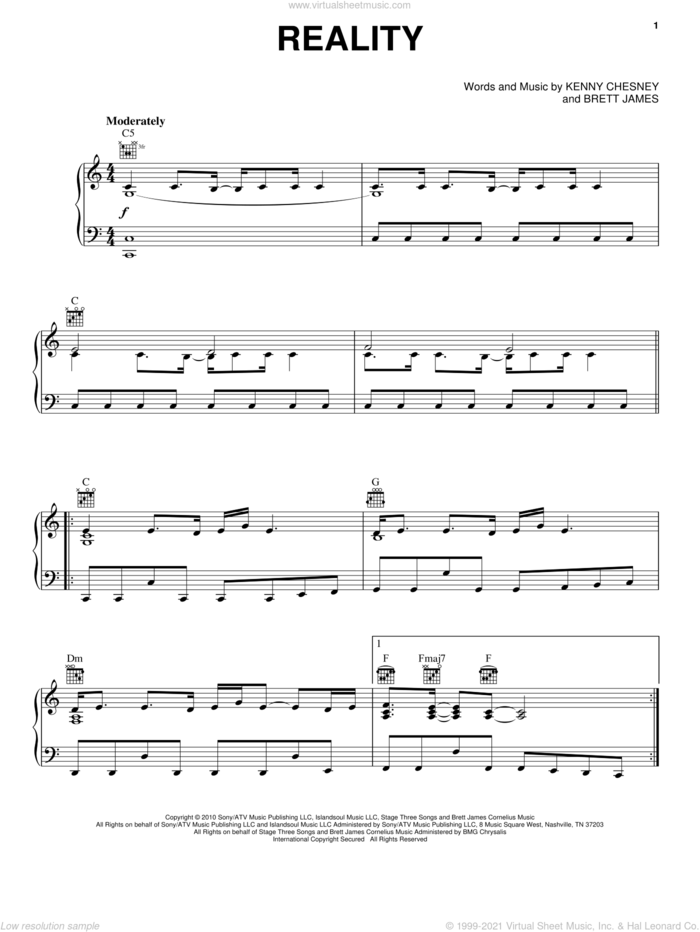 Reality sheet music for voice, piano or guitar by Kenny Chesney and Brett James, intermediate skill level