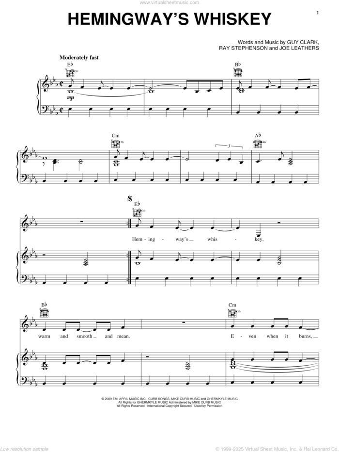 Hemingway's Whiskey sheet music for voice, piano or guitar by Kenny Chesney, Guy Clark, Joe Leathers and Ray Stephenson, intermediate skill level