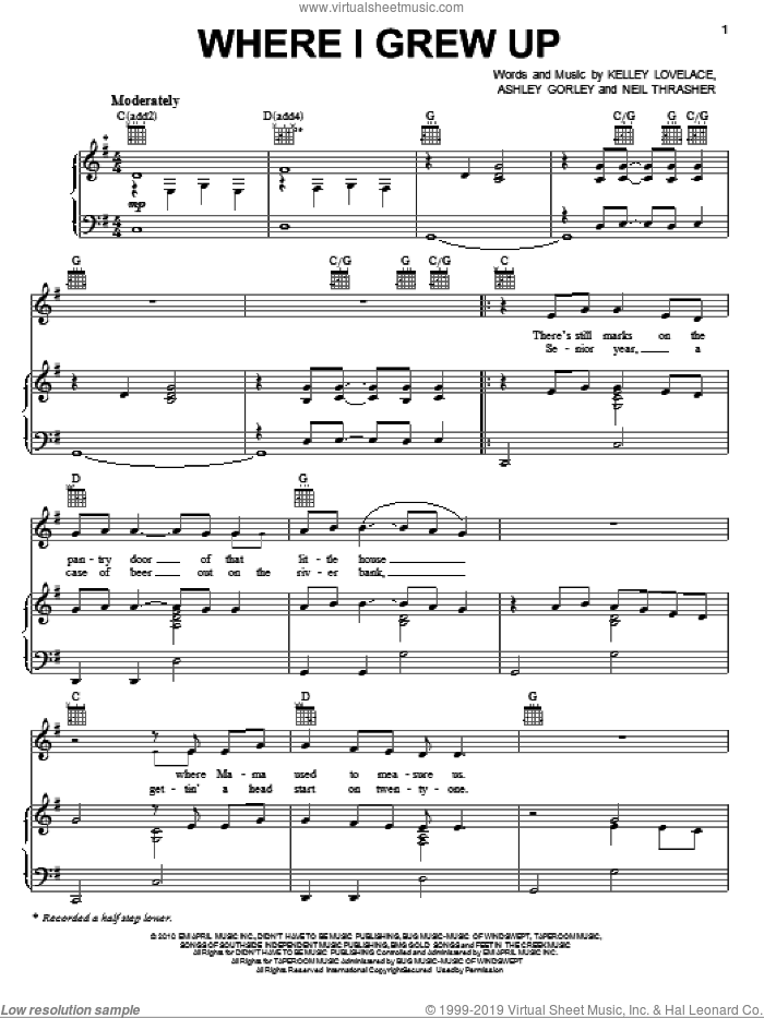 Where I Grew Up sheet music for voice, piano or guitar by Kenny Chesney, Ashley Gorley, Kelley Lovelace and Neil Thrasher, intermediate skill level