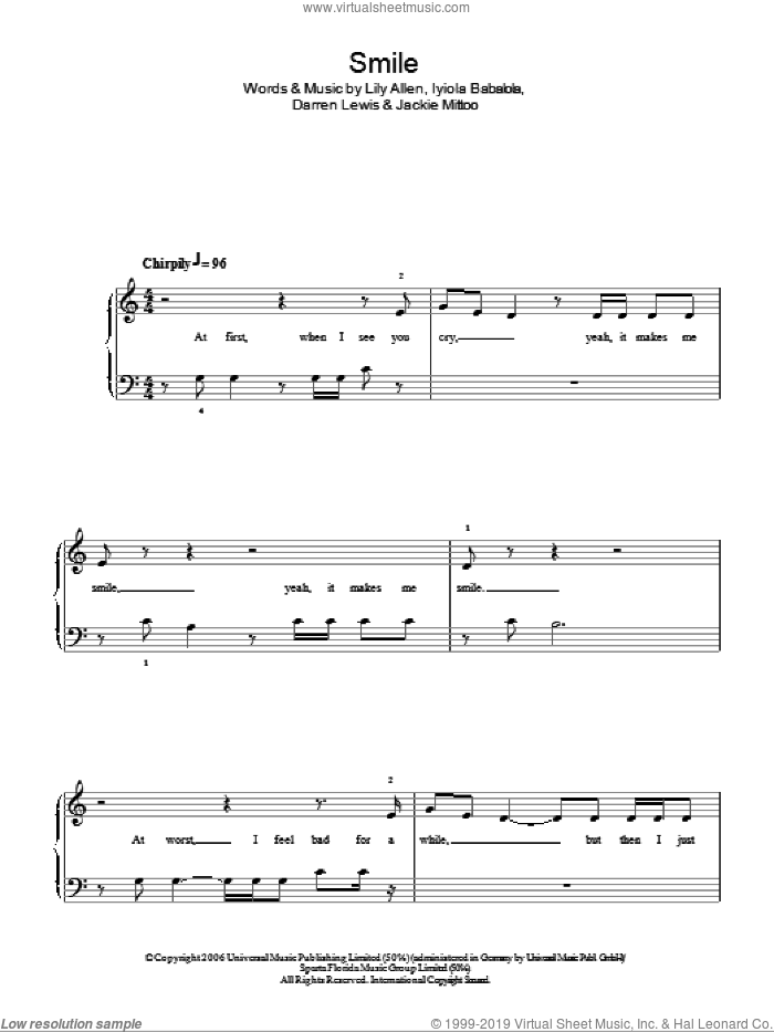 Smile sheet music for piano solo by Lily Allen, Darren Lewis, Iyiola Babalola and Jackie Mittoo, easy skill level