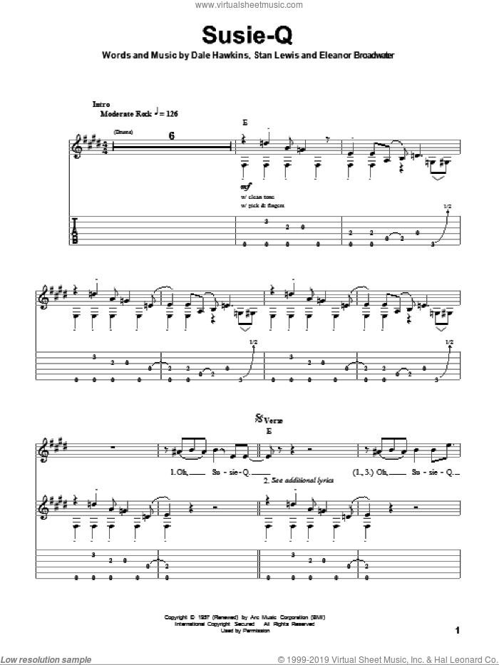 Susie-Q sheet music for guitar (tablature, play-along) by Creedence Clearwater Revival, Dale Hawkins, Eleanor Broadwater and Stan Lewis, intermediate skill level
