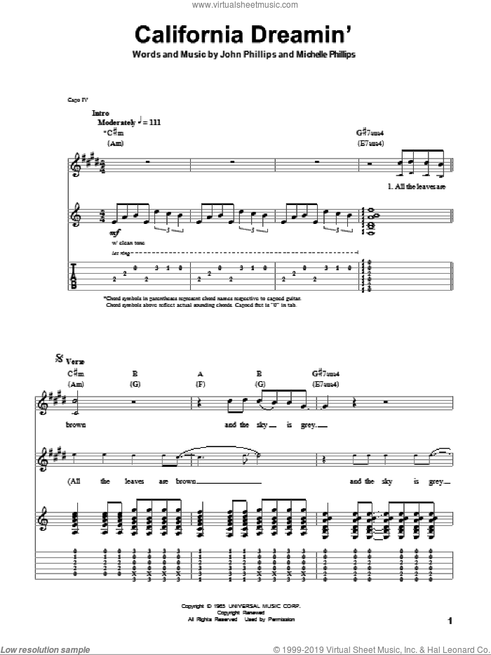 California Dreamin' sheet music for guitar (tablature, play-along) by The Mamas & The Papas, John Phillips and Michelle Phillips, intermediate skill level