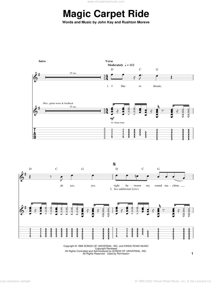 Magic Carpet Ride sheet music for guitar (tablature, play-along) by Steppenwolf, John Kay and Rushton Moreve, intermediate skill level