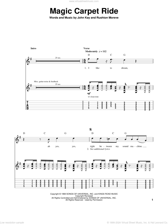 Magic Carpet Ride sheet music for guitar (tablature, play-along) by Steppenwolf, John Kay and Rushton Moreve, intermediate skill level