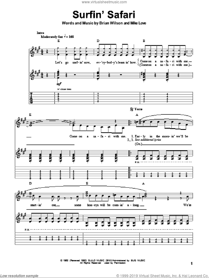 Surfin' Safari sheet music for guitar (tablature, play-along) by The Beach Boys, Brian Wilson and Mike Love, intermediate skill level