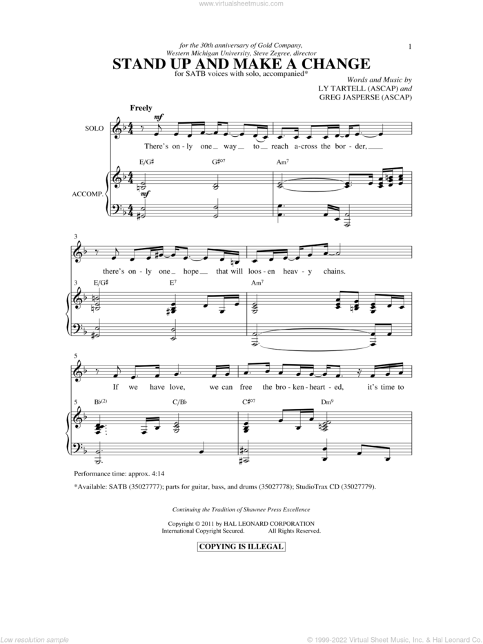Stand Up And Make A Change sheet music for choir (SATB: soprano, alto, tenor, bass) by Greg Jasperse and Ly Tartell, intermediate skill level