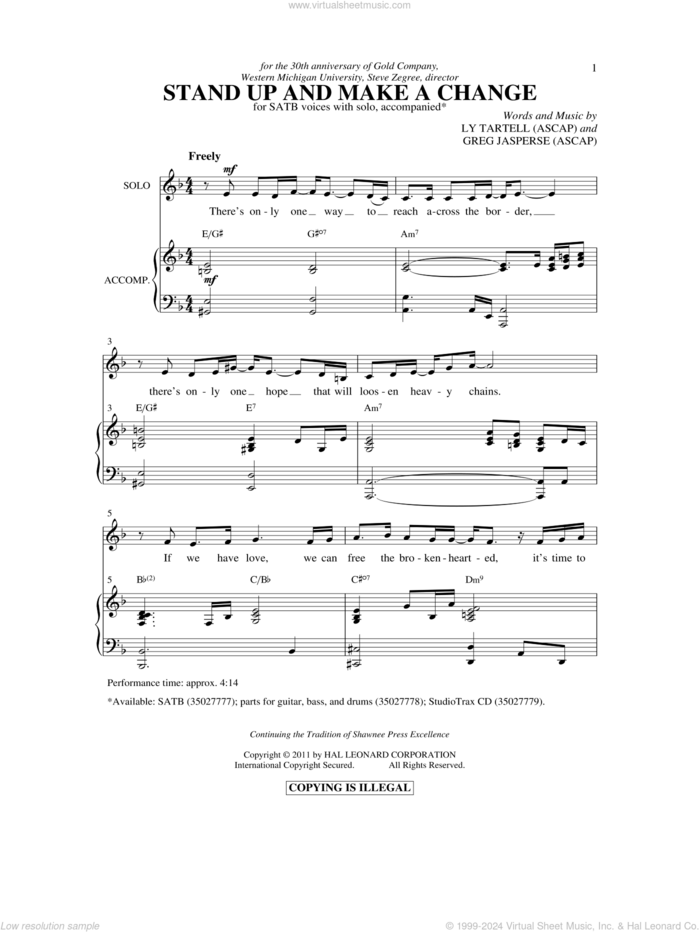 Stand Up And Make A Change sheet music for choir (SATB: soprano, alto, tenor, bass) by Greg Jasperse and Ly Tartell, intermediate skill level