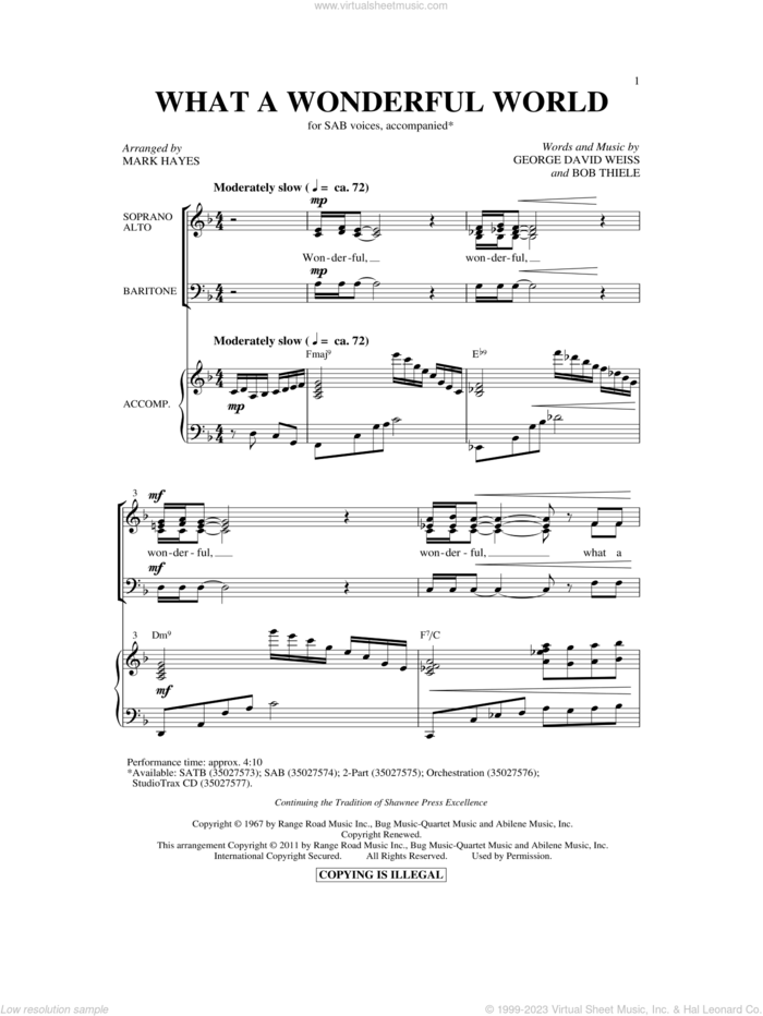 What A Wonderful World sheet music for choir (SAB: soprano, alto, bass) by George David Weiss, Bob Thiele, Louis Armstrong and Mark Hayes, intermediate skill level