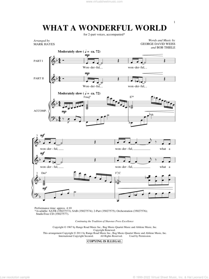 What A Wonderful World sheet music for choir (2-Part) by George David Weiss, Bob Thiele, Louis Armstrong and Mark Hayes, intermediate duet