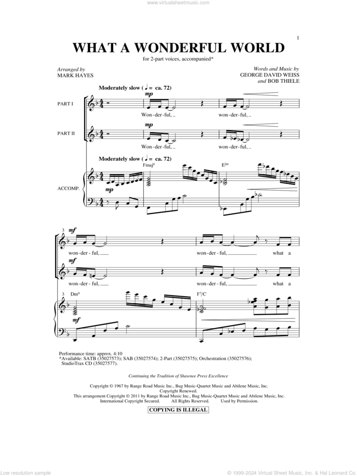 What A Wonderful World sheet music for choir (2-Part) by George David Weiss, Bob Thiele, Louis Armstrong and Mark Hayes, intermediate duet