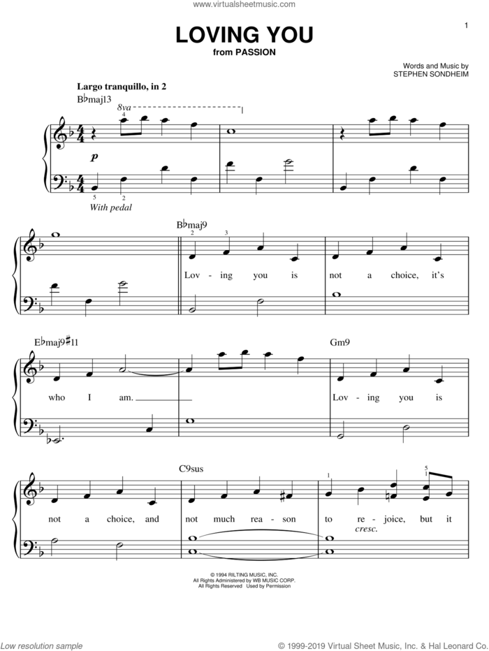 Loving You sheet music for piano solo by Stephen Sondheim and Passion (Musical), easy skill level