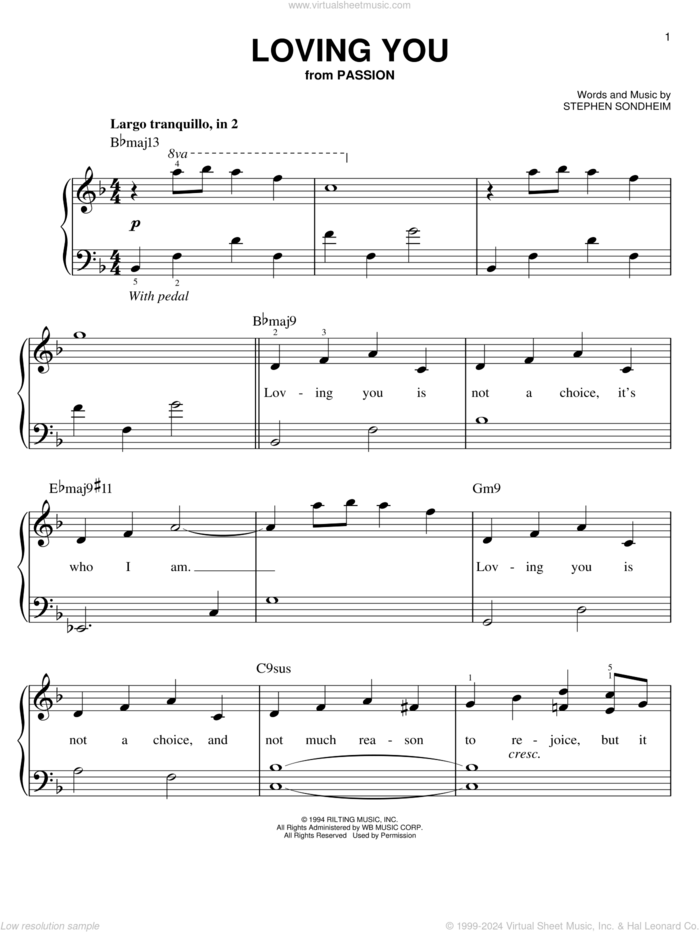 Loving You sheet music for piano solo by Stephen Sondheim and Passion (Musical), easy skill level