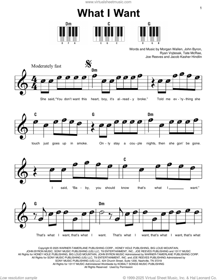 What I Want (feat. Tate McRae) sheet music for piano solo by Morgan Wallen, Jacob Kasher Hindlin, Joe Reeves, John Byron, Ryan Vojtesak and Tate McRae, beginner skill level