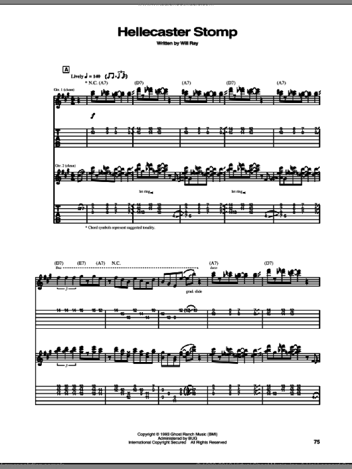 Hellecaster Stomp sheet music for guitar (tablature) by The Hellecasters and Will Ray, intermediate skill level