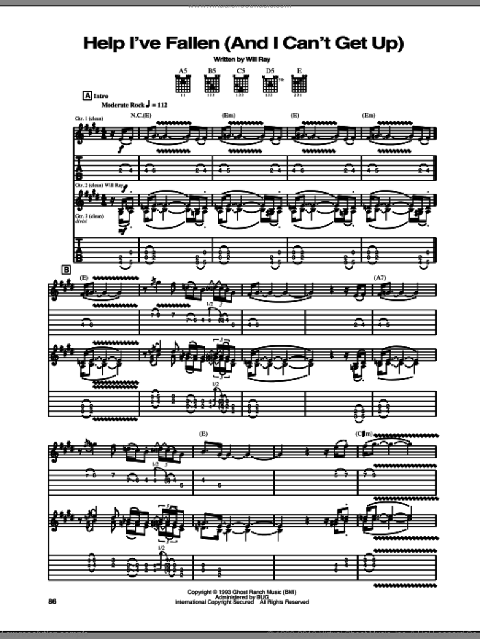 Help I've Fallen (And I Can't Get Up) sheet music for guitar (tablature) by The Hellecasters and Will Ray, intermediate skill level