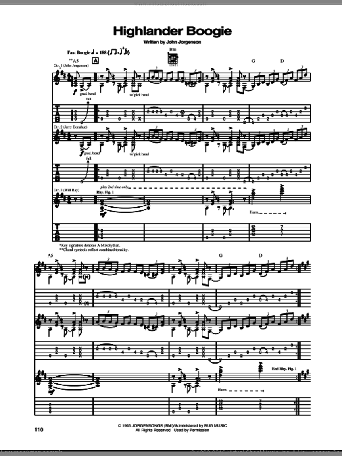 Highlander Boogie sheet music for guitar (tablature) by The Hellecasters and John Jorgenson, intermediate skill level