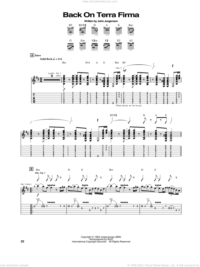 Back On Terra Firma sheet music for guitar (tablature) by The Hellecasters and John Jorgenson, intermediate skill level