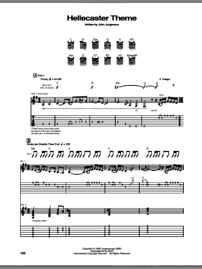 Hellecaster Theme sheet music for guitar (tablature) by The Hellecasters and John Jorgenson, intermediate skill level