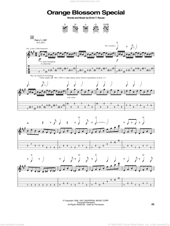 Orange Blossom Special sheet music for guitar (tablature) by The Hellecasters and Ervin T. Rouse, intermediate skill level