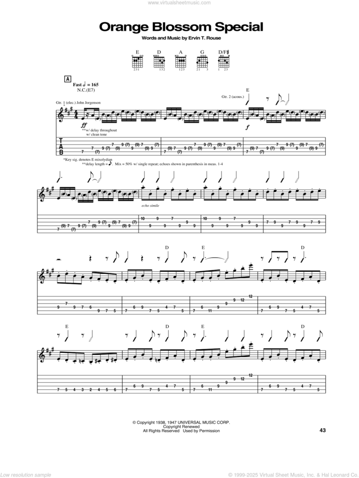 Orange Blossom Special sheet music for guitar (tablature) by The Hellecasters and Ervin T. Rouse, intermediate skill level