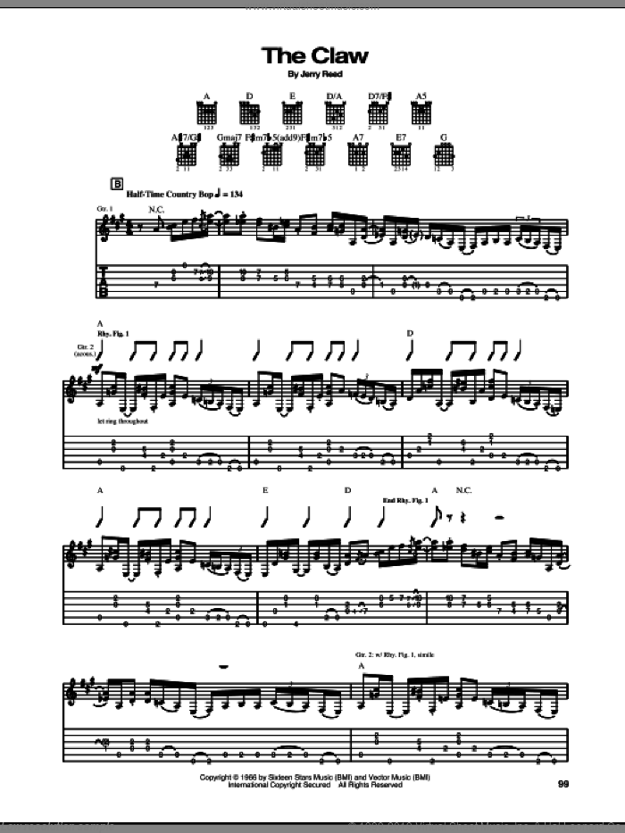 The Claw sheet music for guitar (tablature) by The Hellecasters and Jerry Reed, intermediate skill level