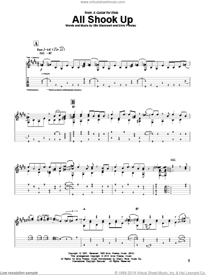All Shook Up sheet music for guitar (tablature) by Pat Donohue, Elvis Presley and Otis Blackwell, intermediate skill level