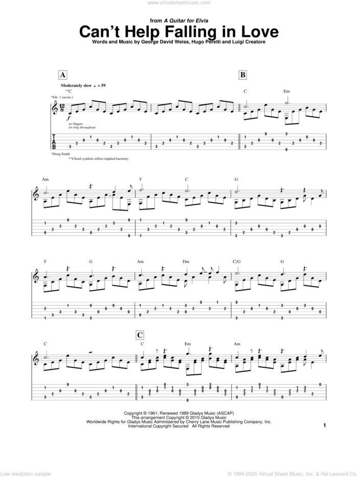 Can't Help Falling In Love sheet music for guitar (tablature) by Doug Smith, Elvis Presley, George David Weiss, Hugo Peretti and Luigi Creatore, wedding score, intermediate skill level