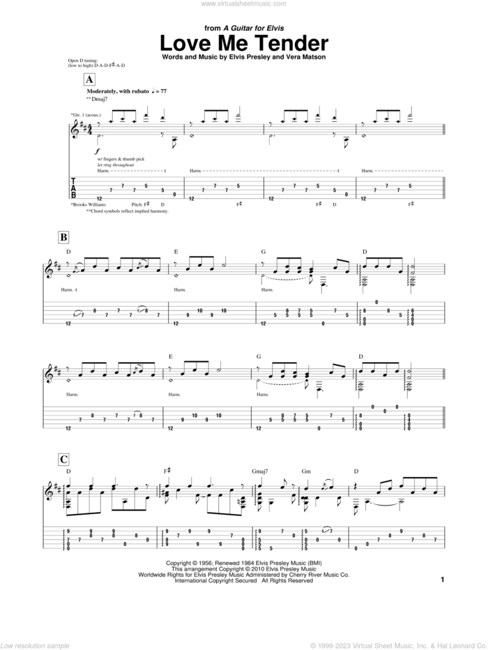 Love Me Tender sheet music for guitar (tablature) by Brooks Williams, Elvis Presley and Vera Matson, wedding score, intermediate skill level