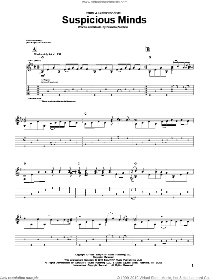 Suspicious Minds sheet music for guitar (tablature) by Laurence Juber, Elvis Presley and Francis Zambon, intermediate skill level