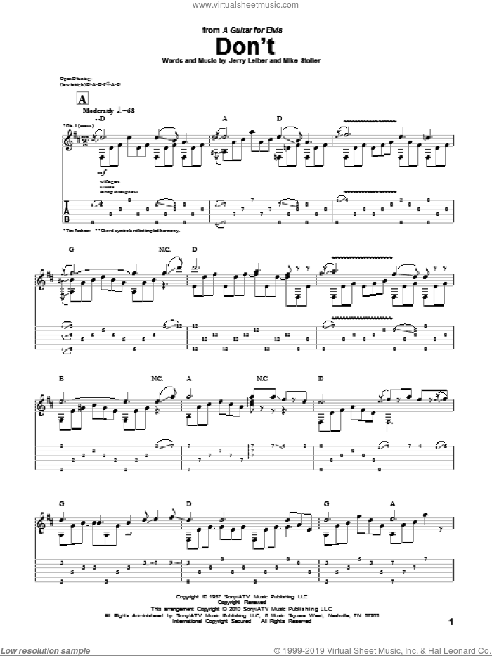 Don't sheet music for guitar (tablature) by Tim Pacheco, Elvis Presley, Leiber & Stoller, Jerry Leiber and Mike Stoller, intermediate skill level