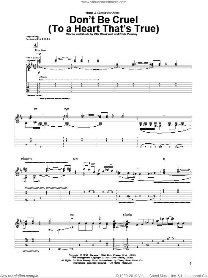 Don't Be Cruel (To A Heart That's True) sheet music for guitar (tablature) by Benjamin Verdery, Elvis Presley and Otis Blackwell, intermediate skill level