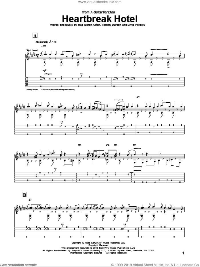 Heartbreak Hotel sheet music for guitar (tablature) by Kenny Sultan, Elvis Presley, Mae Boren Axton and Tommy Durden, intermediate skill level