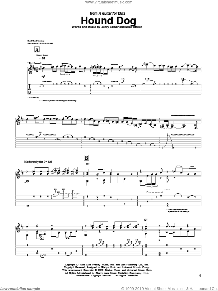 Hound Dog sheet music for guitar (tablature) by Al Petteway, Elvis Presley, Leiber & Stoller, Jerry Leiber and Mike Stoller, intermediate skill level