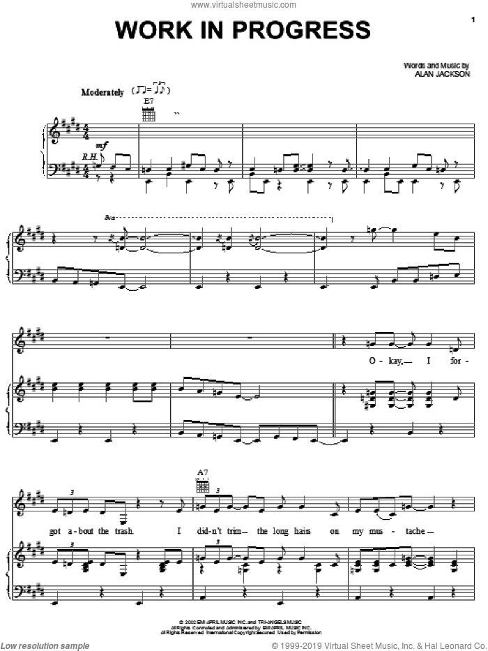Work In Progress sheet music for voice, piano or guitar by Alan Jackson, intermediate skill level