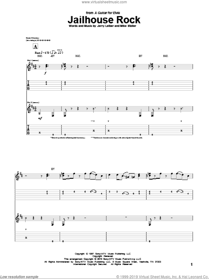 Jailhouse Rock sheet music for guitar (tablature) by Eltjo Haselhoff, Elvis Presley, Leiber & Stoller, Jerry Leiber and Mike Stoller, intermediate skill level