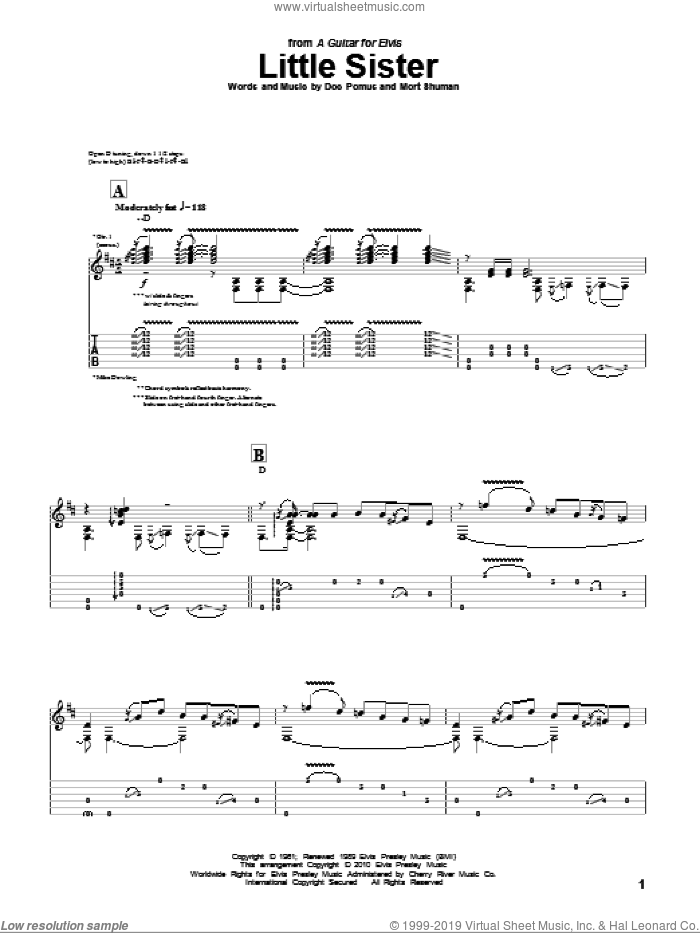 Little Sister sheet music for guitar (tablature) by Mike Dowling, Doc Pomus, Elvis Presley, Jerome Pomus and Mort Shuman, intermediate skill level