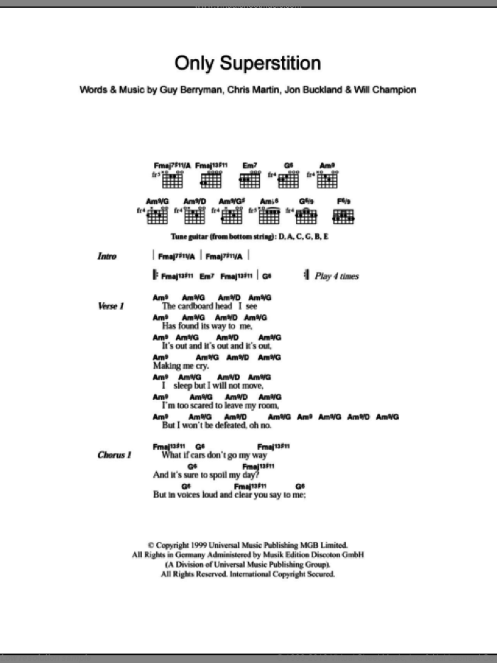 Only Superstition sheet music for guitar (chords) by Coldplay, Chris Martin, Guy Berryman, Jon Buckland and Will Champion, intermediate skill level