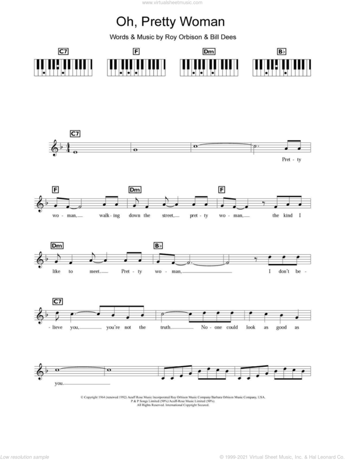 Oh, Pretty Woman sheet music for piano solo (chords, lyrics, melody) by Roy Orbison and Bill Dees, intermediate piano (chords, lyrics, melody)