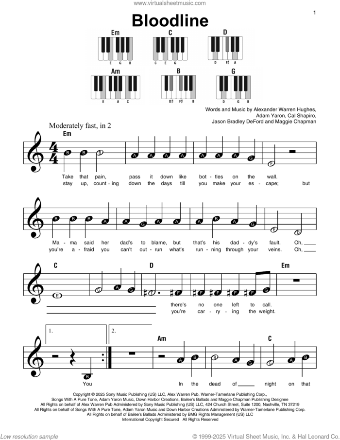 Bloodline (with Jelly Roll) sheet music for piano solo by Alex Warren, Adam Yaron, Alexander Warren Hughes, Cal Shapiro, Jason Bradley Deford and Maggie Chapman (Mags Duvall), beginner skill level