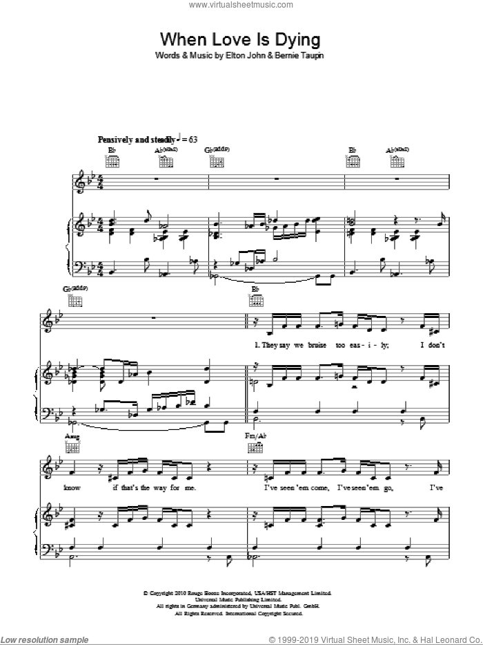 When Love Is Dying sheet music for voice, piano or guitar by Elton John, Leon Russell and Bernie Taupin, intermediate skill level