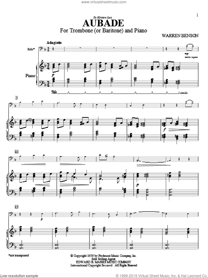 Aubade For Trombone (or Baritone) And Piano sheet music for trombone and piano (trombone, tenor trombone) by Warren Benson, classical score, intermediate skill level