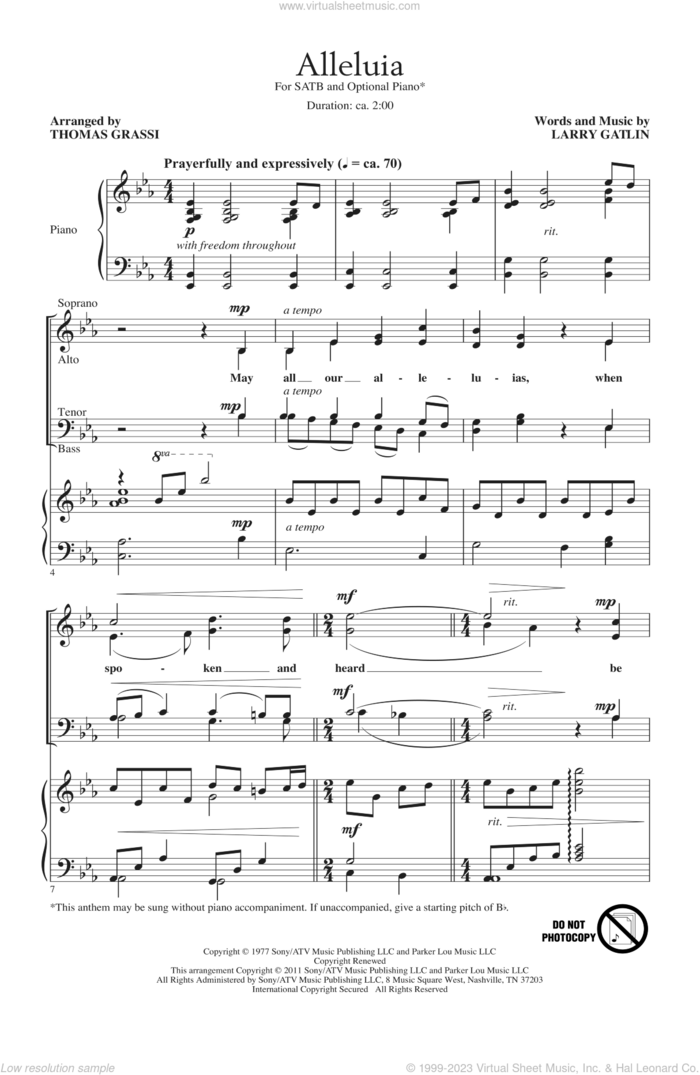 Alleluia sheet music for choir (SATB: soprano, alto, tenor, bass) by Larry Gatlin and Thomas Grassi, intermediate skill level