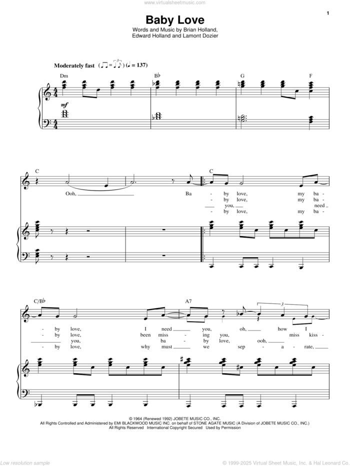 Baby Love sheet music for voice and piano by The Supremes, Brian Holland, Eddie Holland and Lamont Dozier, intermediate skill level