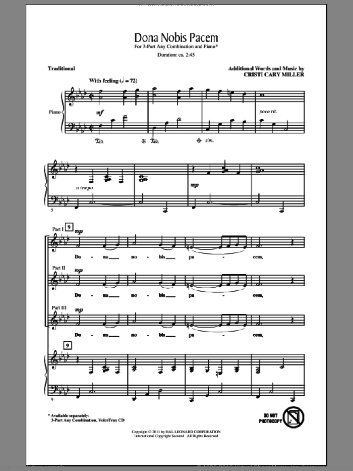 Dona Nobis Pacem sheet music for choir (3-Part Mixed) by Cristi Cary Miller and Miscellaneous, intermediate skill level