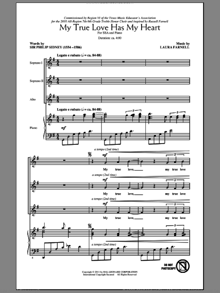 My True Love Has My Heart sheet music for choir (SSA: soprano, alto) by Laura Farnell and Sir Philip Sidney, intermediate skill level