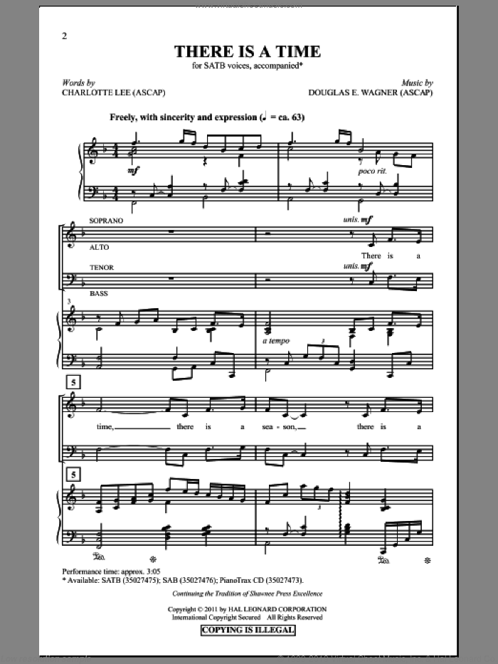 There Is A Time sheet music for choir (SATB: soprano, alto, tenor, bass) by Douglas E. Wagner and Charlotte Lee, intermediate skill level